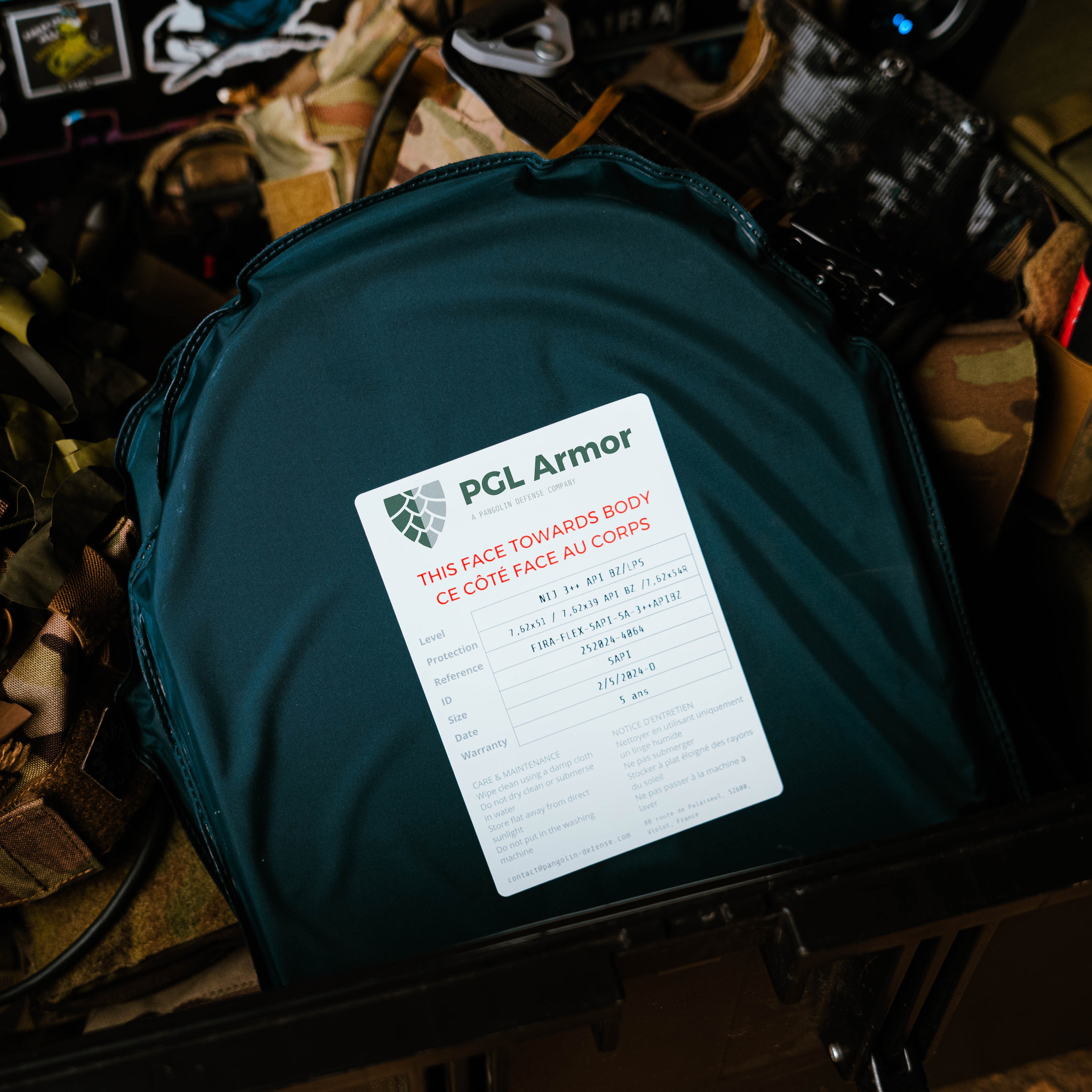 Close up of PGL Armor ballistic plate with visible NIJ certification label