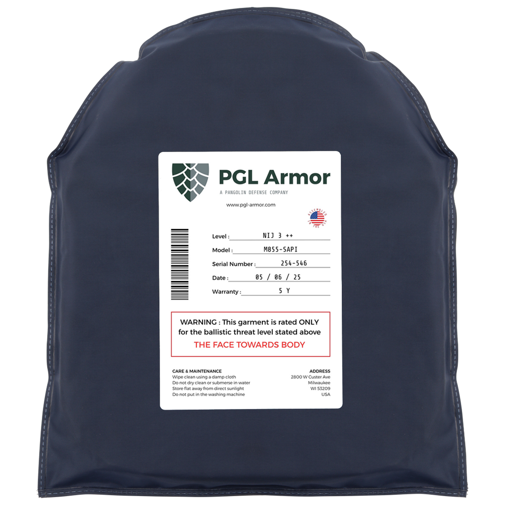 PGL Armor NIJ level 3 ballistic plate with certification label visible on front side