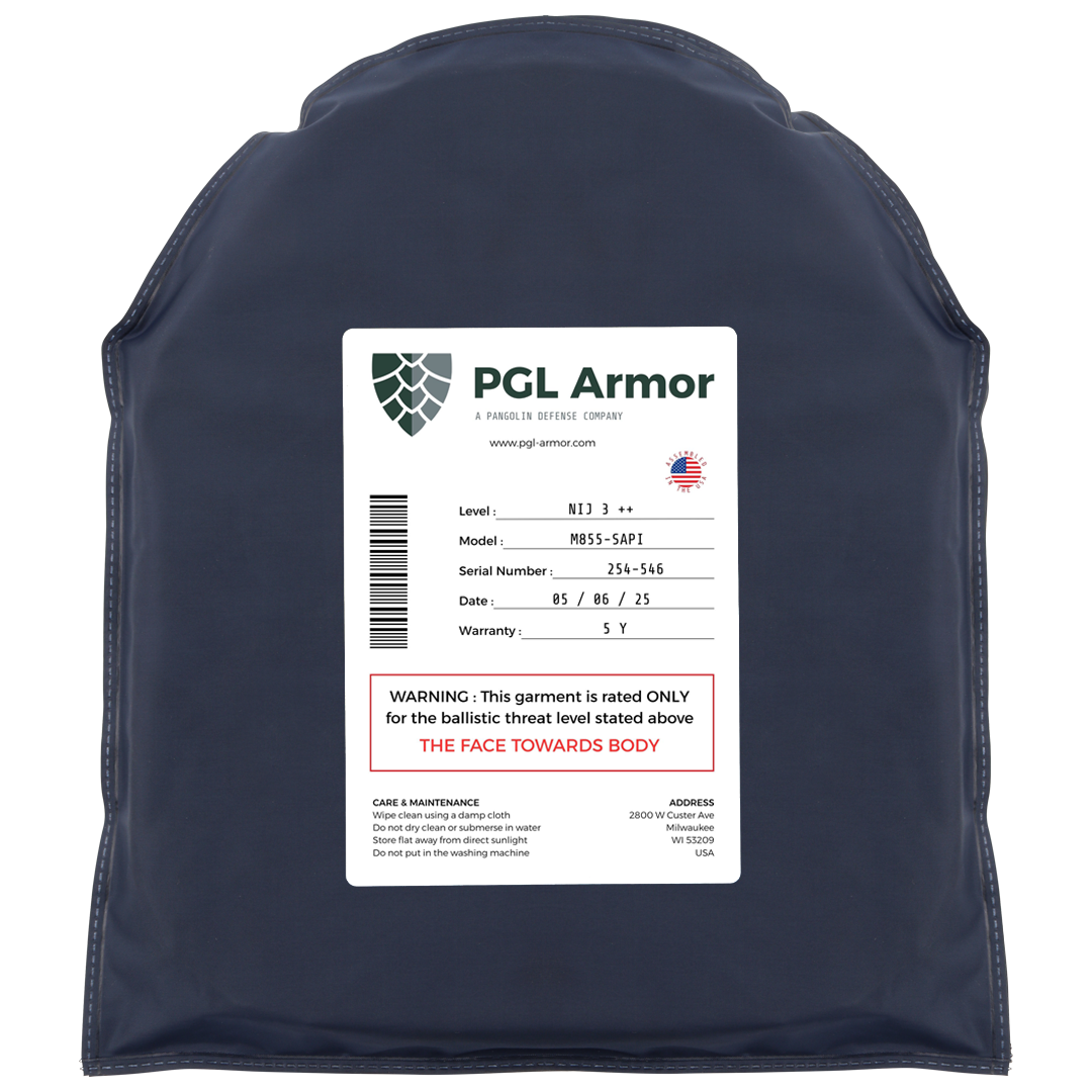 PGL Armor NIJ level 3 ballistic plate with certification label visible on front side