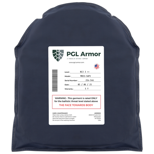 PGL Armor NIJ level 3 ballistic plate with certification label visible on front side