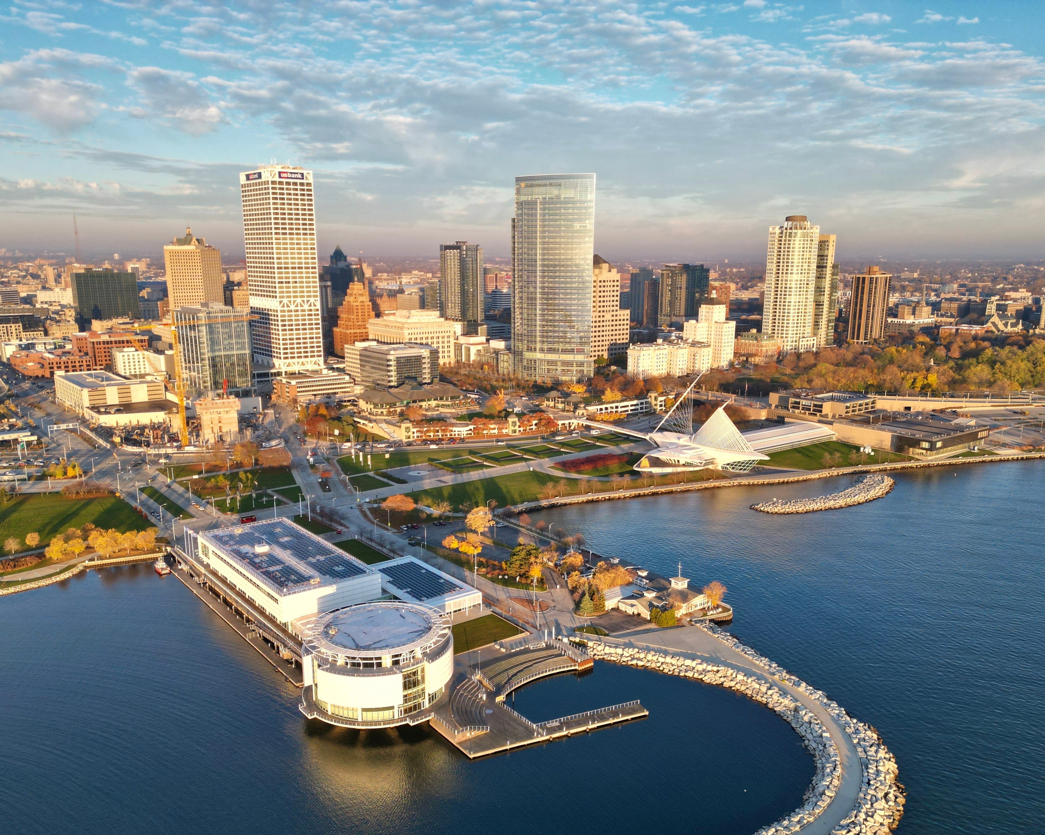 Aerial view of Milwaukee city skyline representing PGL Armor USA headquarters location